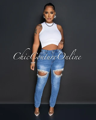 *Rallie Medium Denim Rhinestones Key-Hole Jeans