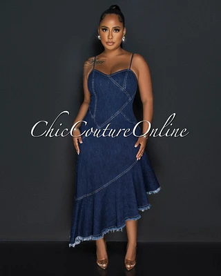 *Haley Dark Blue Denim Spaghetti Strap Midi Dress