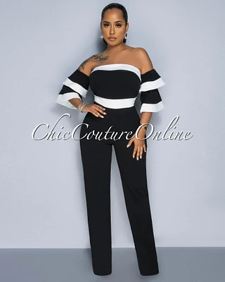 Tarima Black White Trim Ruffle Sleeves Jumpsuit