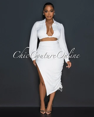 Hanson Off-White Crop Top & Ruched Midi Skirt Set