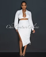 Hanson Off-White Crop Top & Ruched Midi Skirt Set