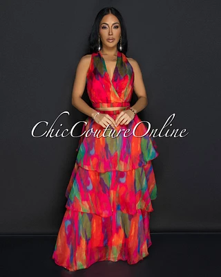 Donica Multi Print Crop Top & Tier Maxi Skirt Set
