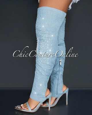 *Kyara Light Denim Rhinestones Open Toe Stiletto Knee Boots