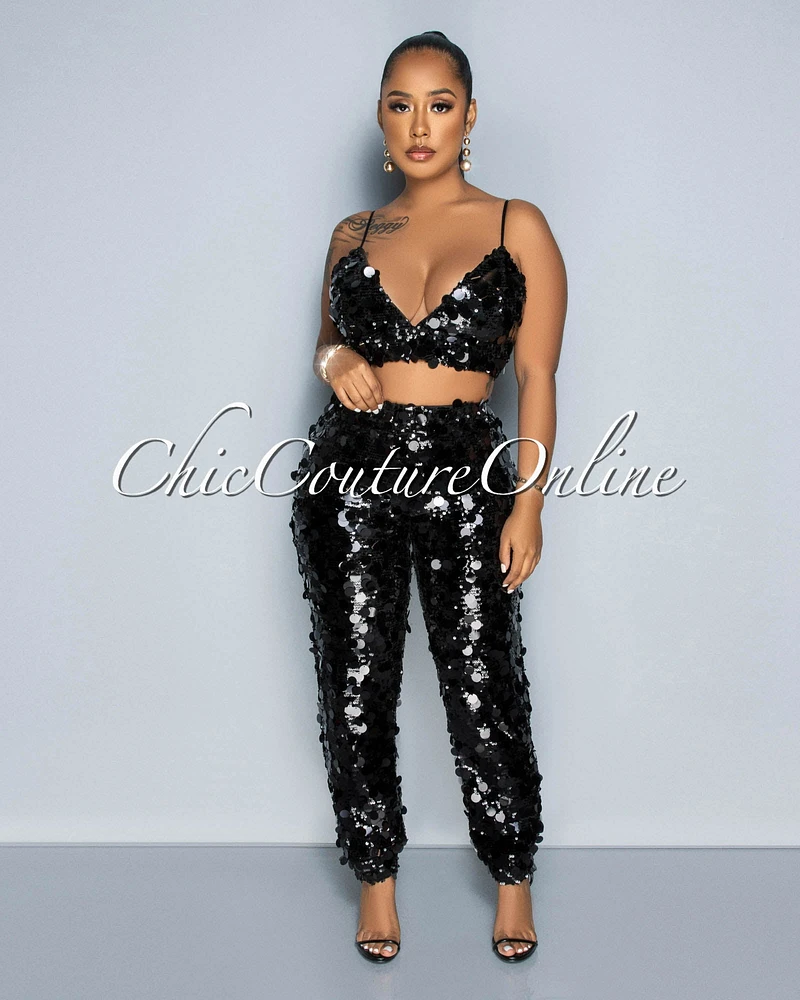 *Bouser Black Iridescent Sequins Crop Top & Pants Set