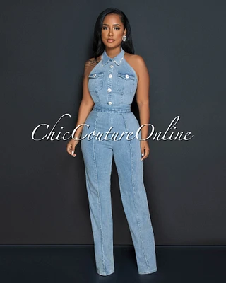 *Stoney Light Denim Rhinestones Buttons Halter Jumpsuit