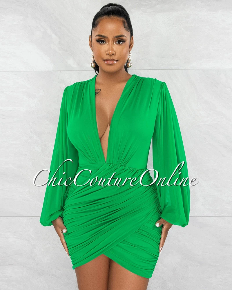 *Stephen Green Deep-V Mesh Ruched Dress