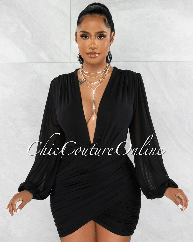 *Stephen Black Deep-V Mesh Ruched Dress