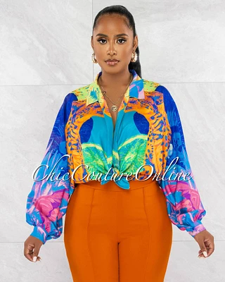 *Lucinda Multi-Color Print Front Tie Blouse