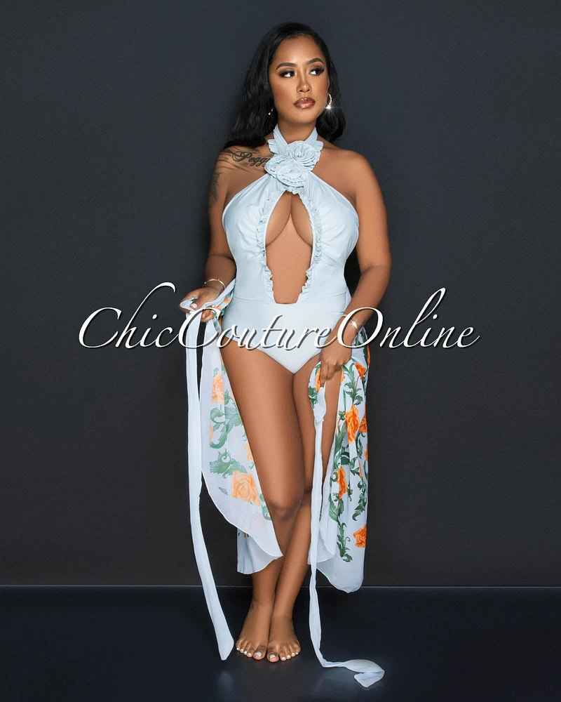 *Kristin Baby Blue Rose Halter Swimsuit & Cover Up Set
