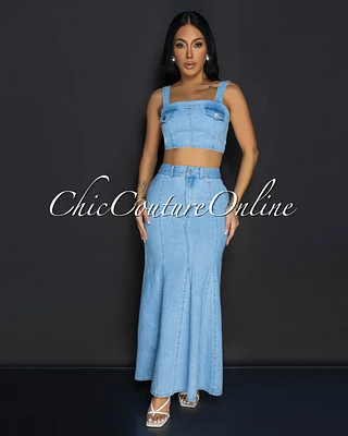 *Zeya Light Denim Crop Top & Maxi Skirt Set