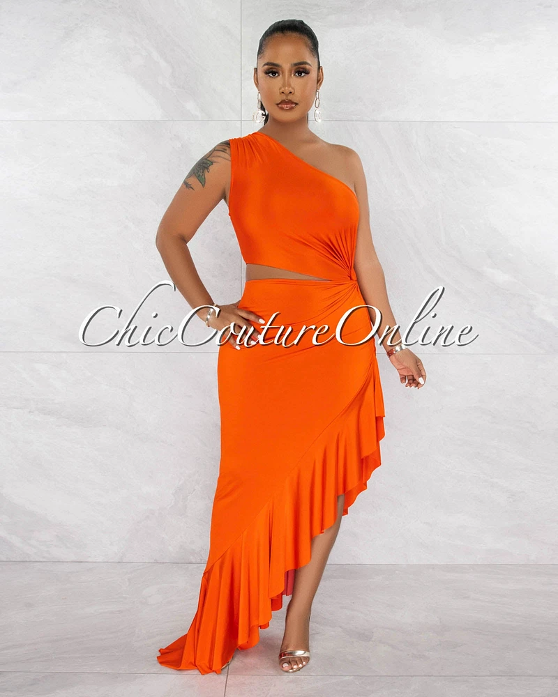 *Nilia Orange Cut-Out Hi-Lo Ruffle Hem Maxi Dress