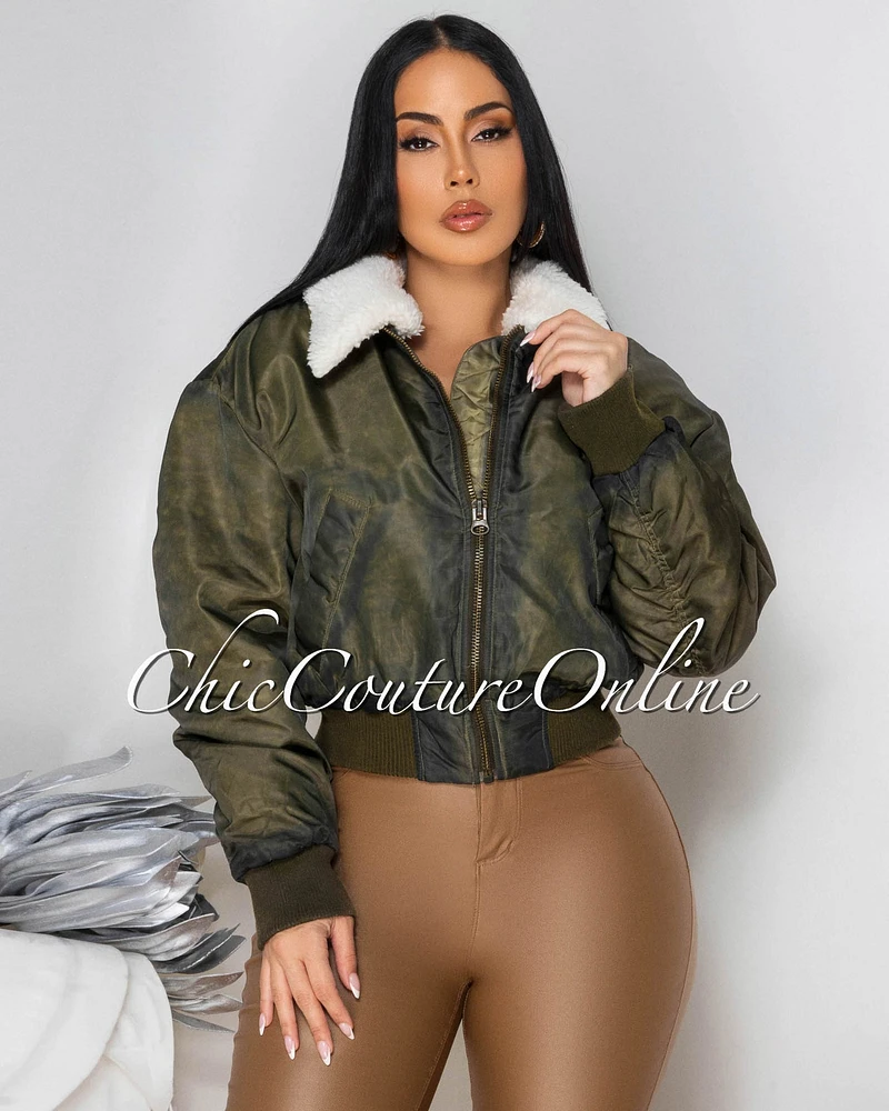 *Kaory Olive Green Shearling Bomber Jacket
