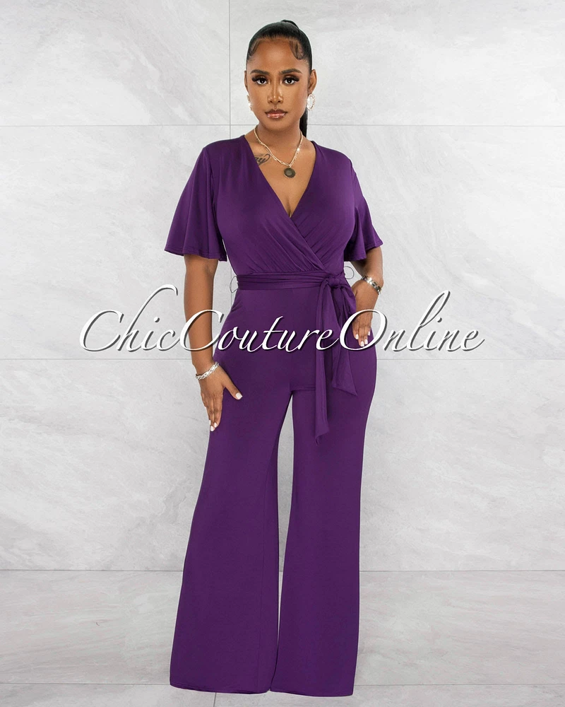 *Reilly Purple V-Neck Self-Tie Belt Jumpsuit