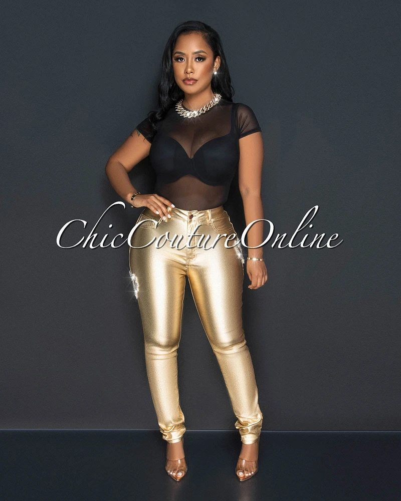 *Teena Gold Rhinestones Hearts High Waist Skinny Jeans