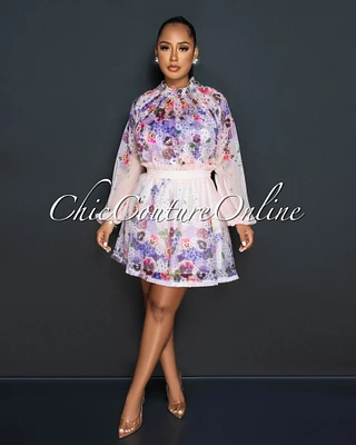 *Aisha Pink Purple Print Sheer Shirt & Flutter Skirt Set