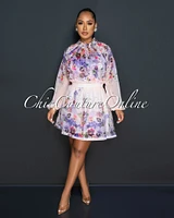 *Aisha Pink Purple Print Sheer Shirt & Flutter Skirt Set