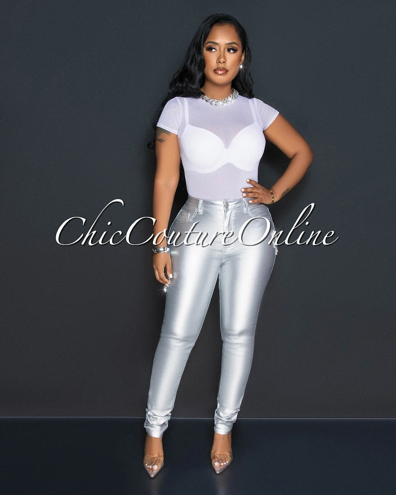 *Teena Silver Rhinestones Hearts High Waist Skinny Jeans