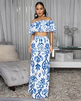Andy Off-White Print Ruffle Top & Pants Set