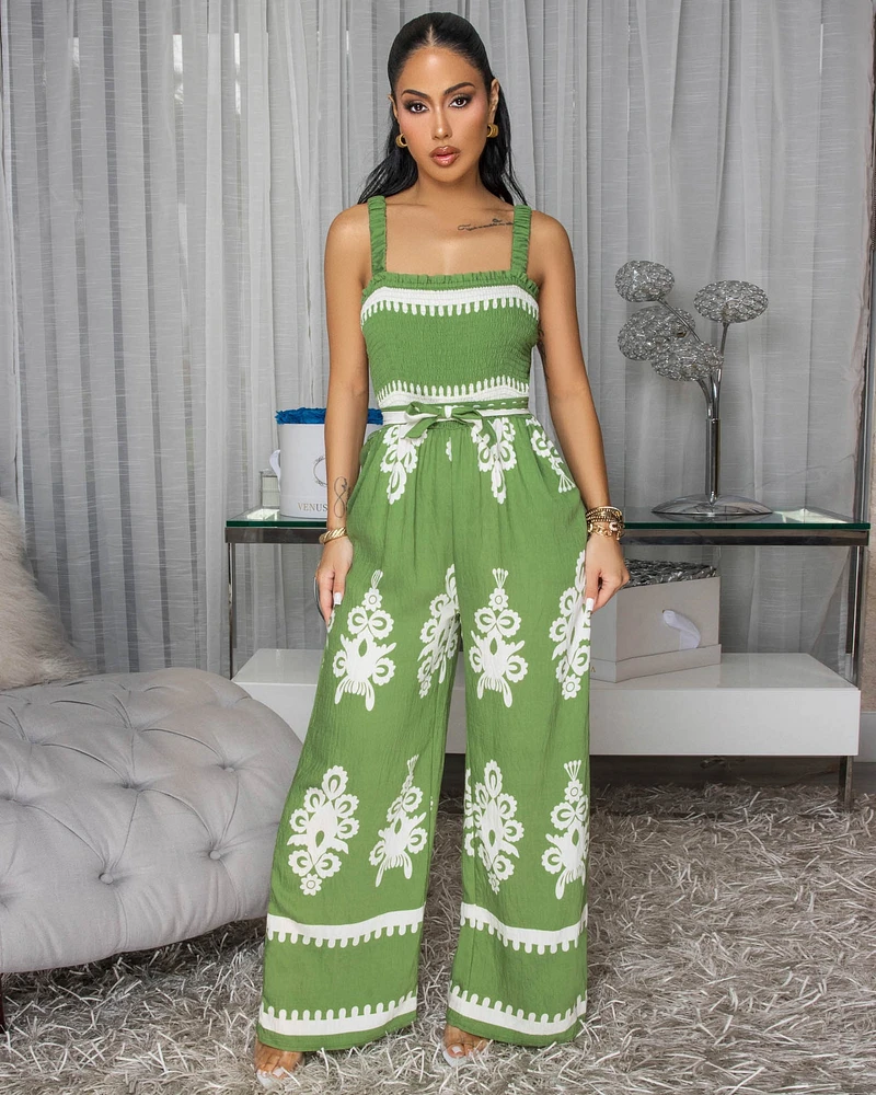 Liberty Olive Green Off-Print Woven Jumpsuit