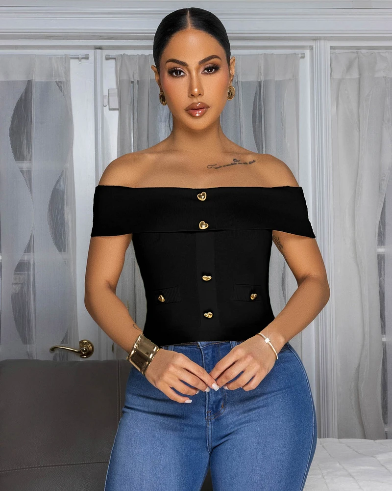 Kayleigh Black Gold Buttons Knit Top