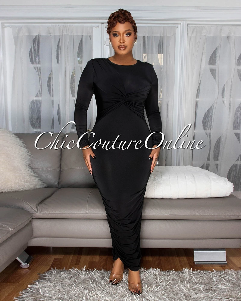 *Razelle Black Twist Bust Ruched Midi Dress