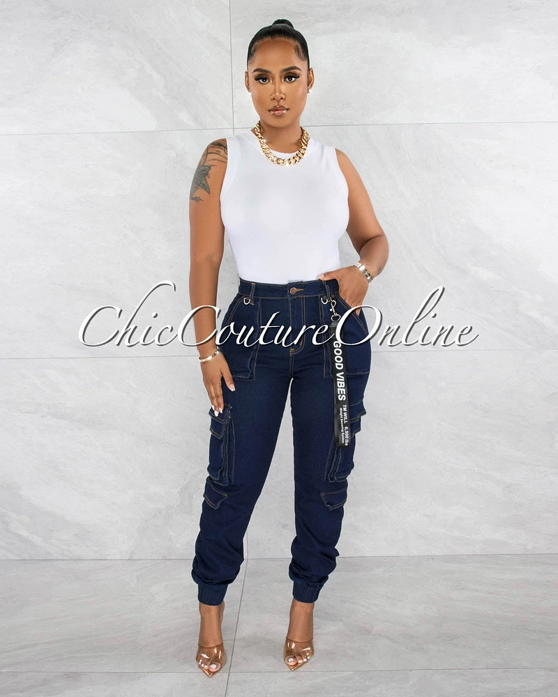 *Peter Dark Denim Black Strap Keychain Cargo Jogger Jeans
