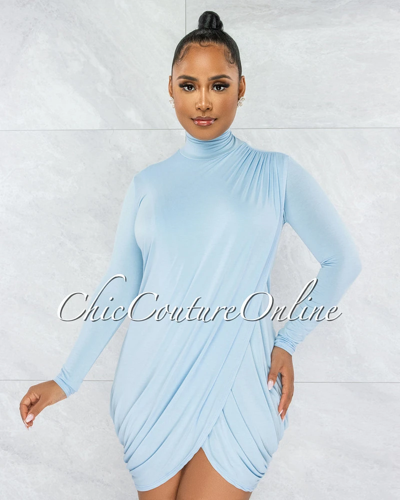 *Tamira Baby Blue Drape Long Sleeves Dress