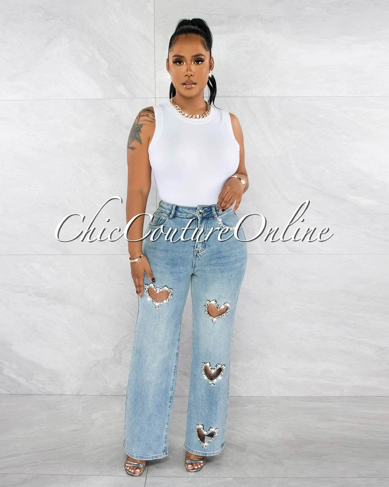 *Crislet Washed Denim Rhinestones Heart Key-Hole Jeans