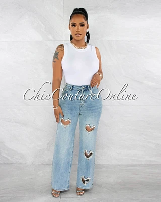 *Crislet Washed Denim Rhinestones Heart Key-Hole Jeans