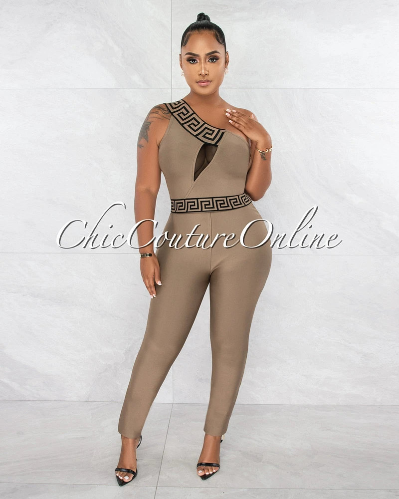 *Linnea Nude Black Fret Trim Single Shoulder Bandage Jumpsuit