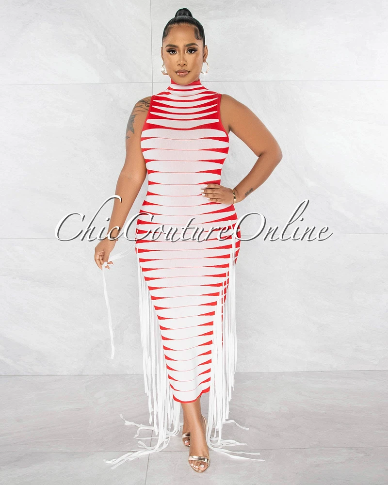 *Chasia Red White Stripes Fringe Sides Bandage Midii Dress