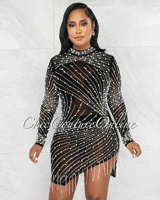 *Caterina Black Pearl Rhinestones Fringe Mesh Dress