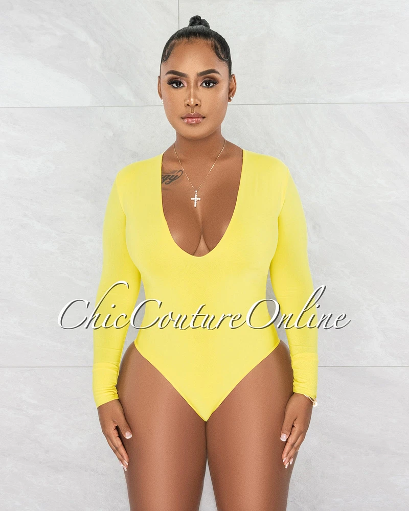 *Nilam Yellow Depp V Neck Long Sleeves Bodysuit