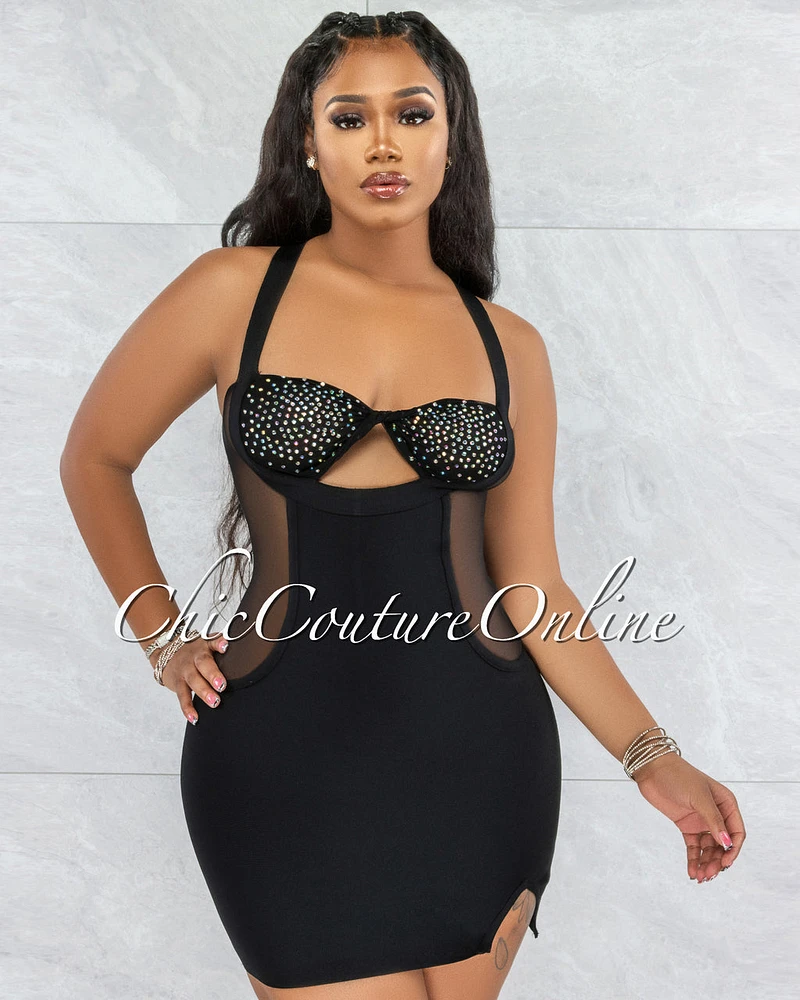 Variya Keyhole Mesh Rhinestones Mini Dress