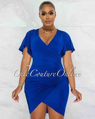 *Dalie Royal Blue Wrap Ruched Side Midi Dress