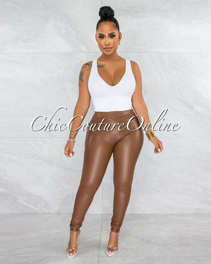*Eara Brown Faux Leather Ruched Back Leggings