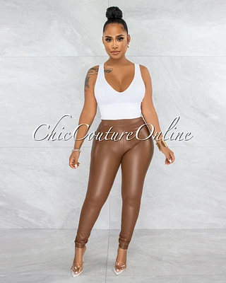 *Eara Brown Faux Leather Ruched Back Leggings
