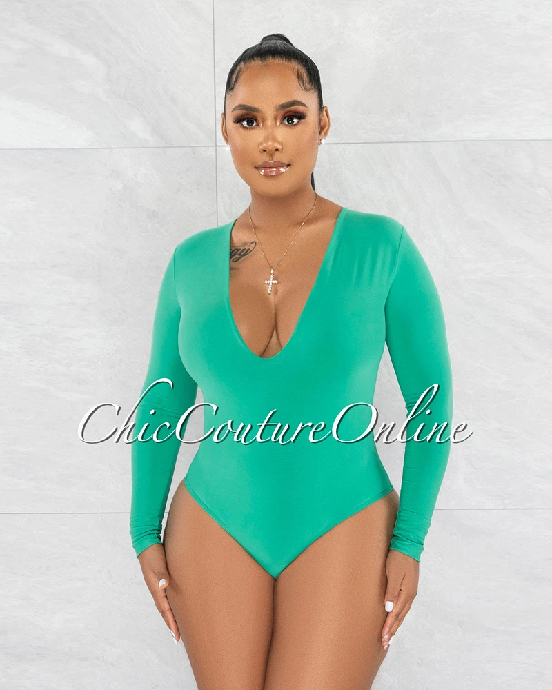 *Nilam Green Deep V Neck Long Sleeves Bodysuit