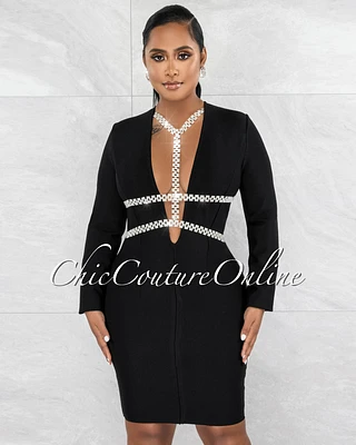 *Reneta Black Deep V Rhinestones Décor Bandage Dress