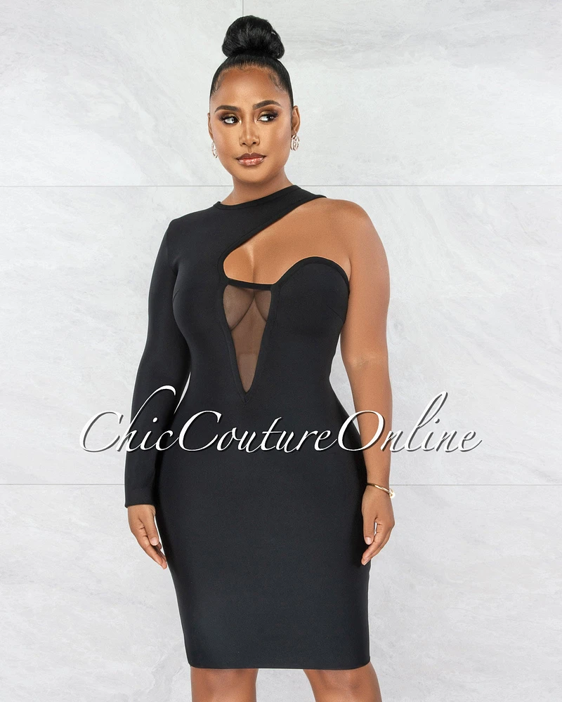 *Erica Black Single Shoulder Design Bandage Dress