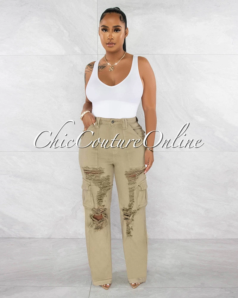 *Reiko Olive Green Cargo Mom Distressed Jeans