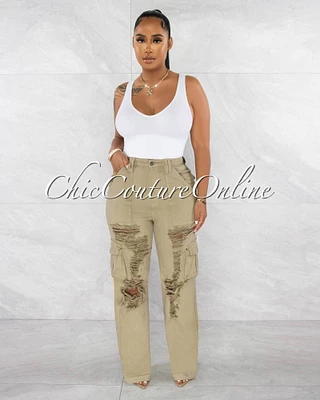 *Reiko Olive Green Cargo Mom Distressed Jeans