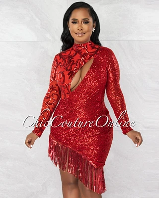 *Samantha Red Mesh Embroidered Sequins Asymmetrical Fringe Dress