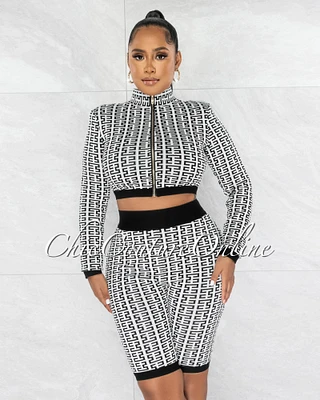 *Richard Black & White Fret Print Top Shorts Bandage Set