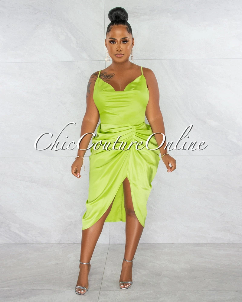 *Gregoria Lime Green Draped Slit Silky Midi Dress