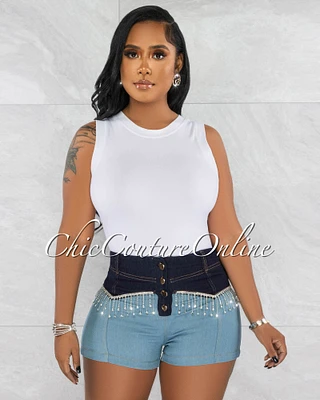 *Dannel Dark & Light Denim Rhinestones Accent Mini Shorts