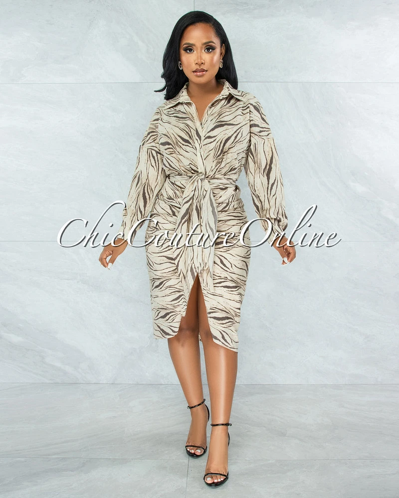 *Olwen Nude Taupe Print Draped Front Tie Shirt Dress