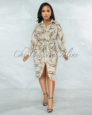 *Olwen Nude Taupe Print Draped Front Tie Shirt Dress