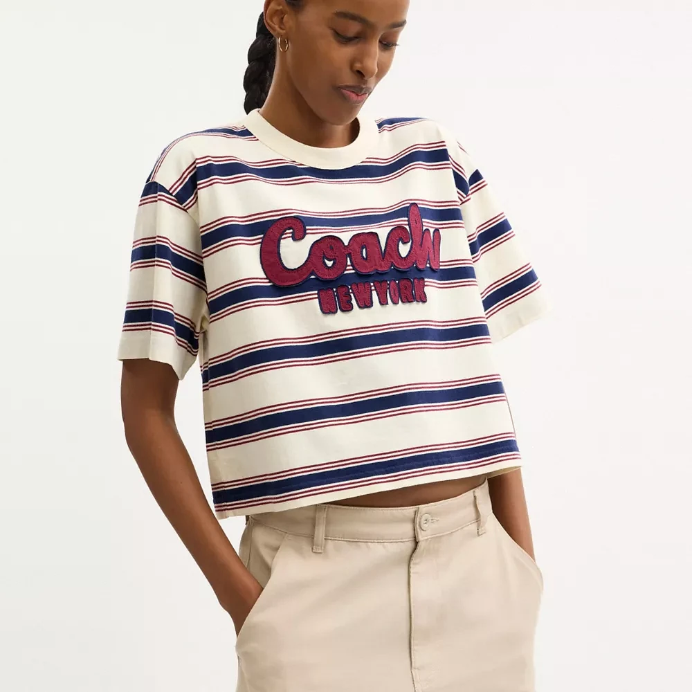 Cursive Coach Striped Cropped T Shirt
