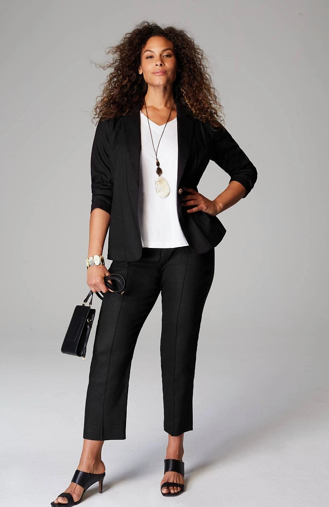 pintucked linen-stretch slim-leg pants